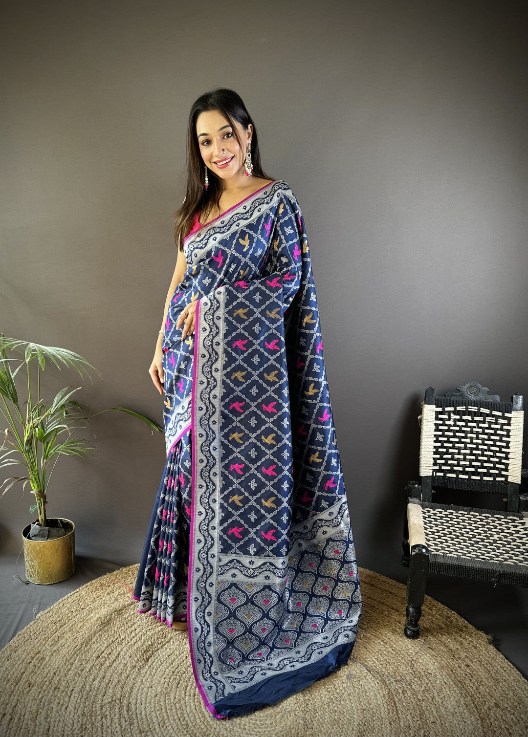 Navy Blue Lichi Silk Saree With Zari Weaving Work
