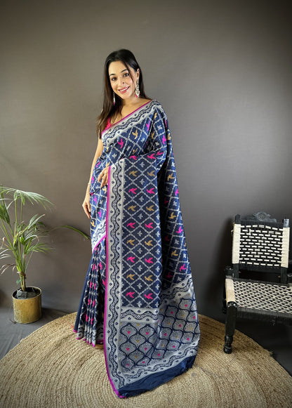 Navy Blue Lichi Silk Saree With Zari Weaving Work