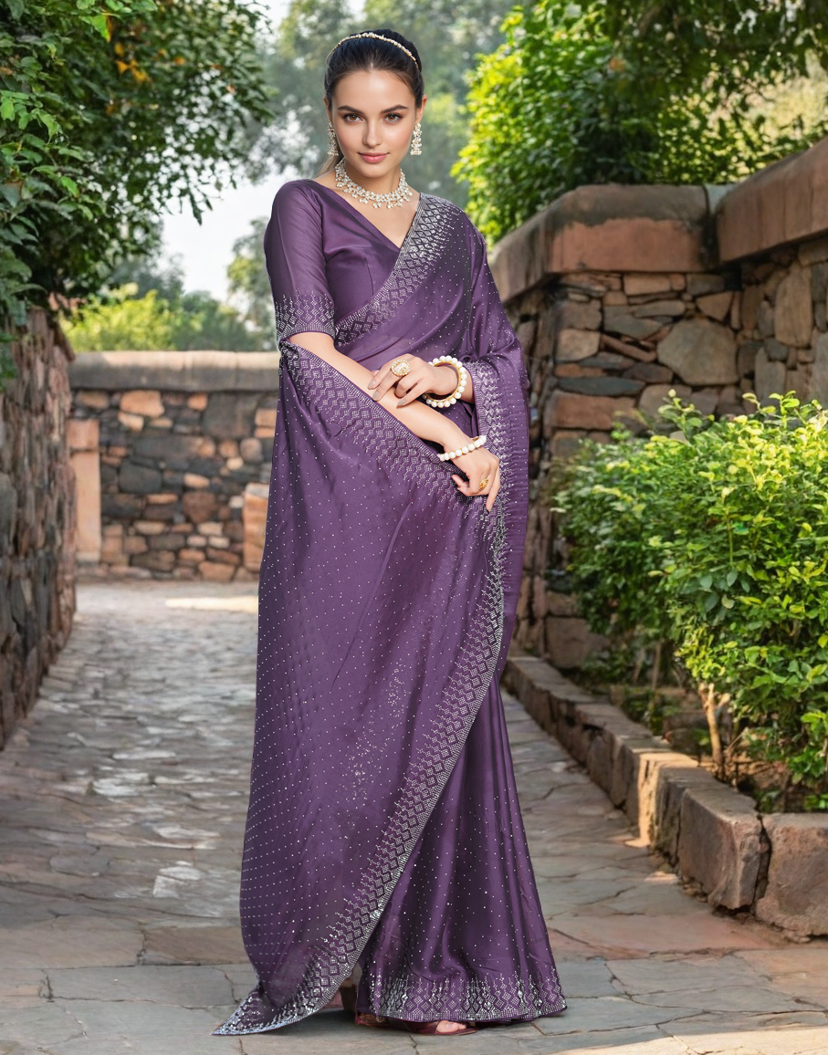 Fancy Lavender Rangoli Silk Saree With Diamond Work