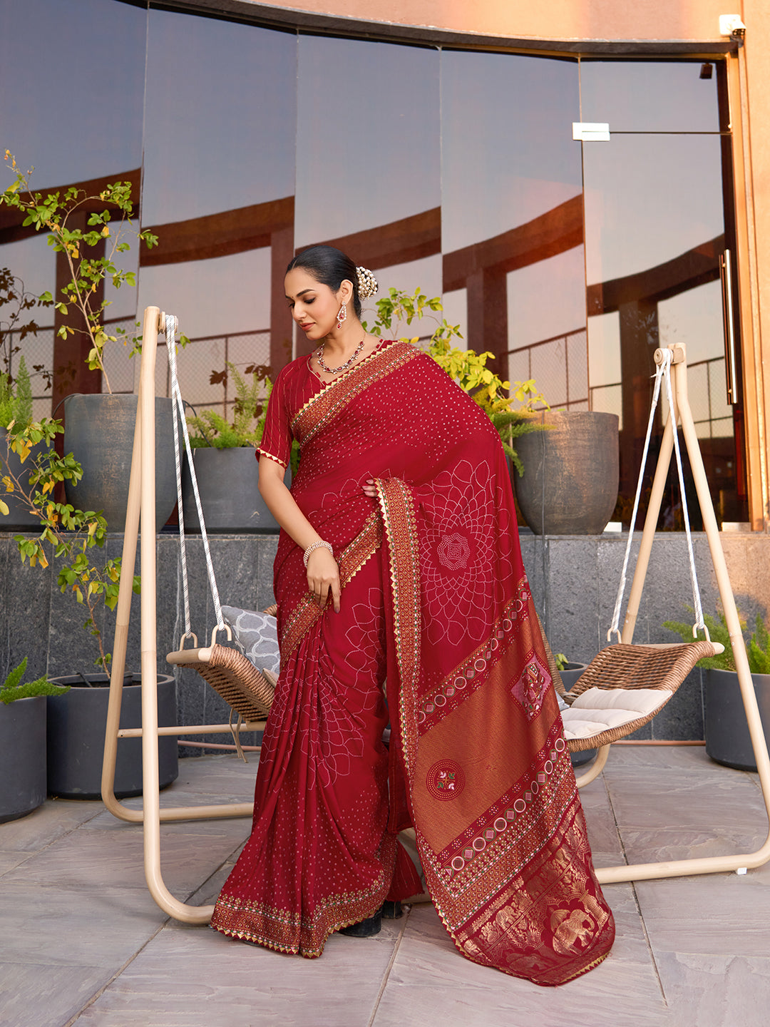 Red Stylist Soft Cotton Saree With Unique Table Printed & Lace Border