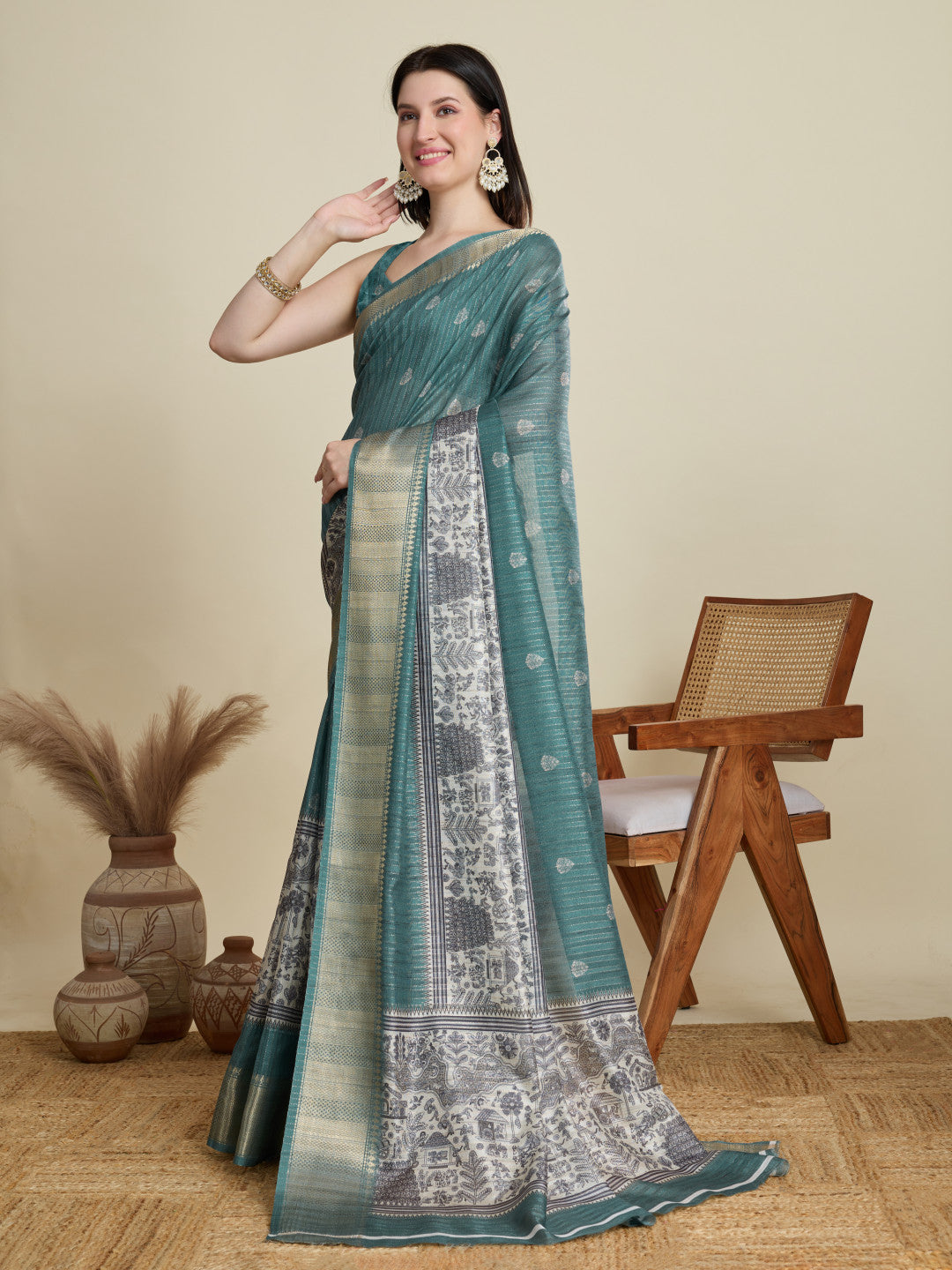 Green Soft Cotton Saree With Kalamkari Digital Printed Pallu & Zari Border