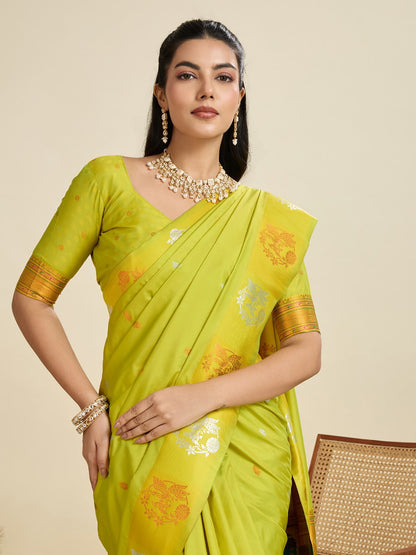 Pista Green Kanjivaram Silk Saree With Zari Weaving Butta Border & Designer Rich Paithani Pallu