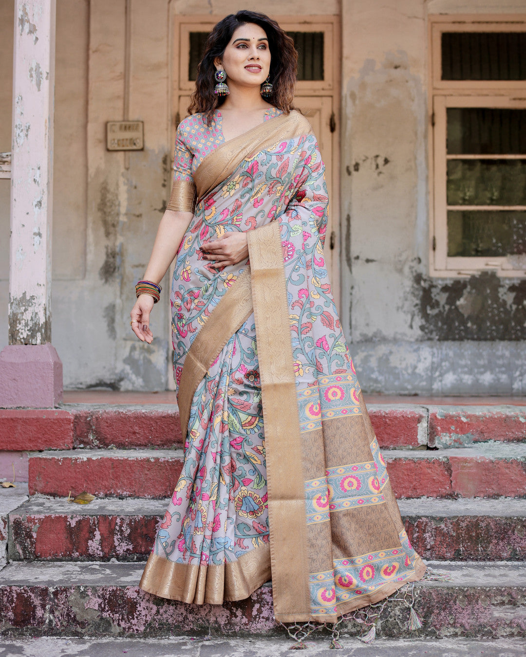 Lavender Kalamkari Digital Printed Dola Silk Saree With Gold Zari Border