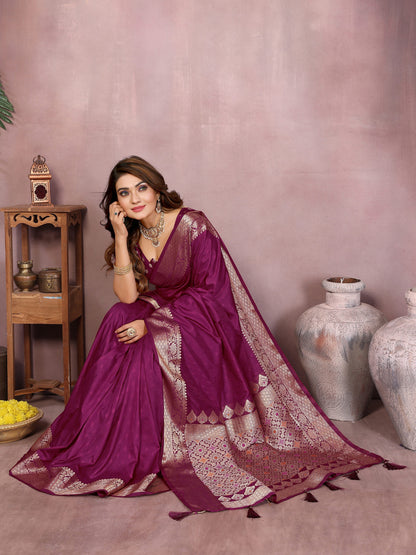 Magenta Premium Dola Silk Saree With Meenakari Weaving Work