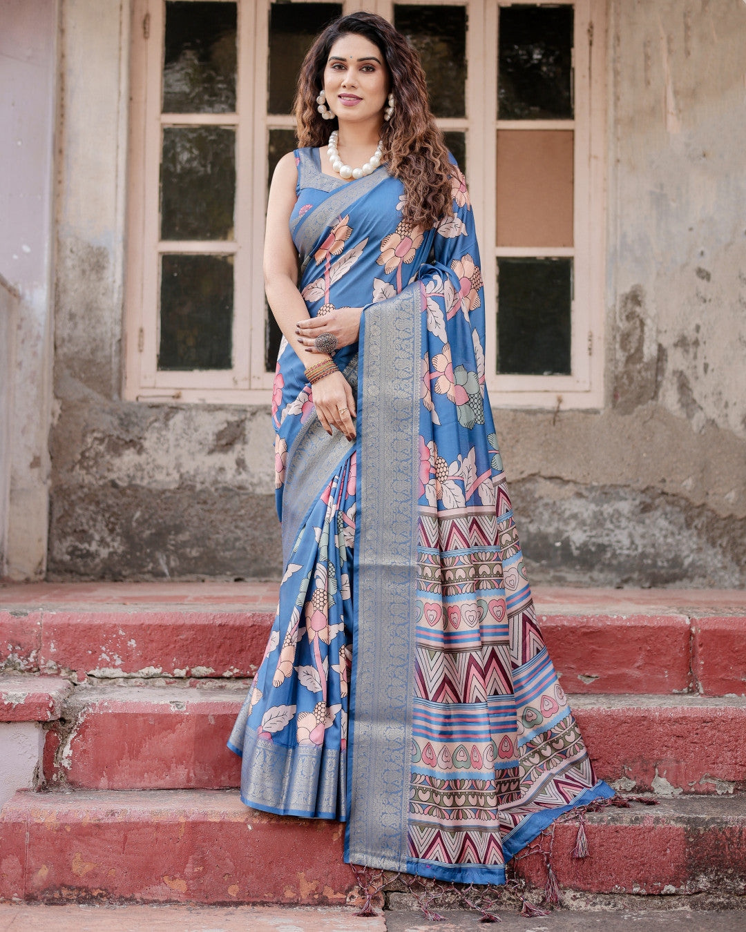 Blue Digital Kalamkari Printed Tussar Silk Saree With Zari Motif Border