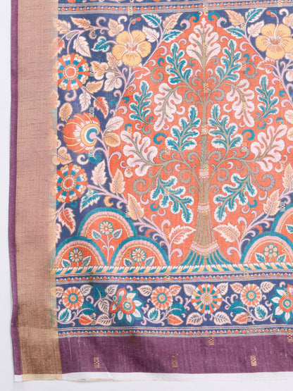 Blue Soft Cotton Saree With Kalamkari Digital Printed Pallu & Zari Border