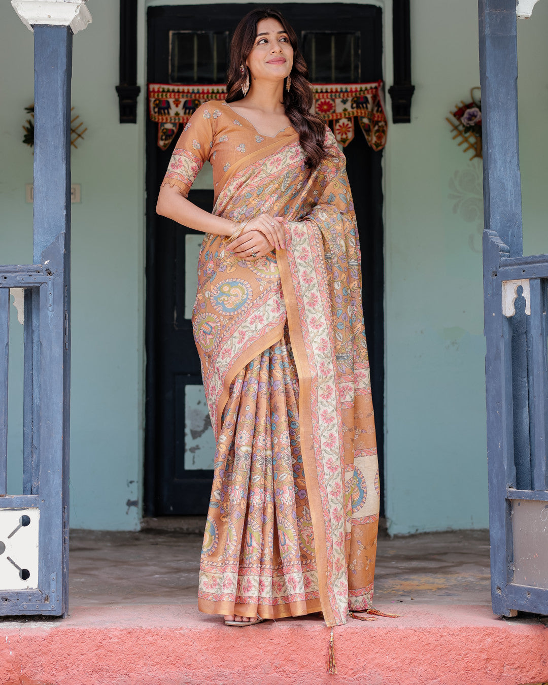 Kalamkari Digital Printed Linen Cotton Saree