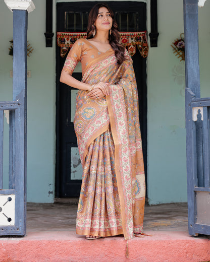 Kalamkari Digital Printed Linen Cotton Saree