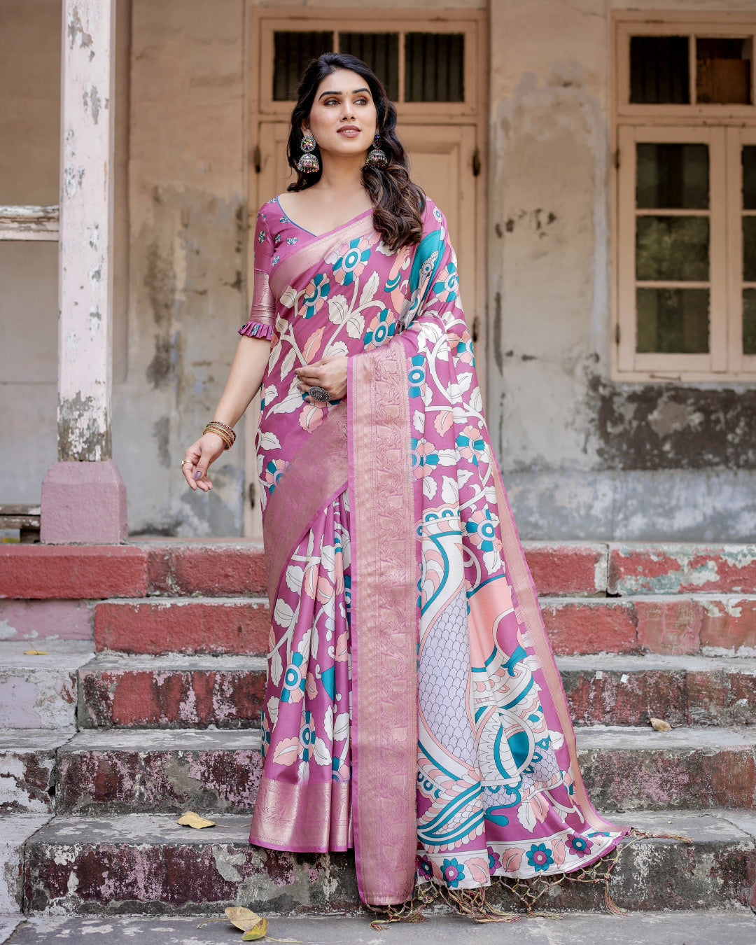 Light Magenta Kalamkari Digital Printed Tussar Silk Saree With Zari Motif Border