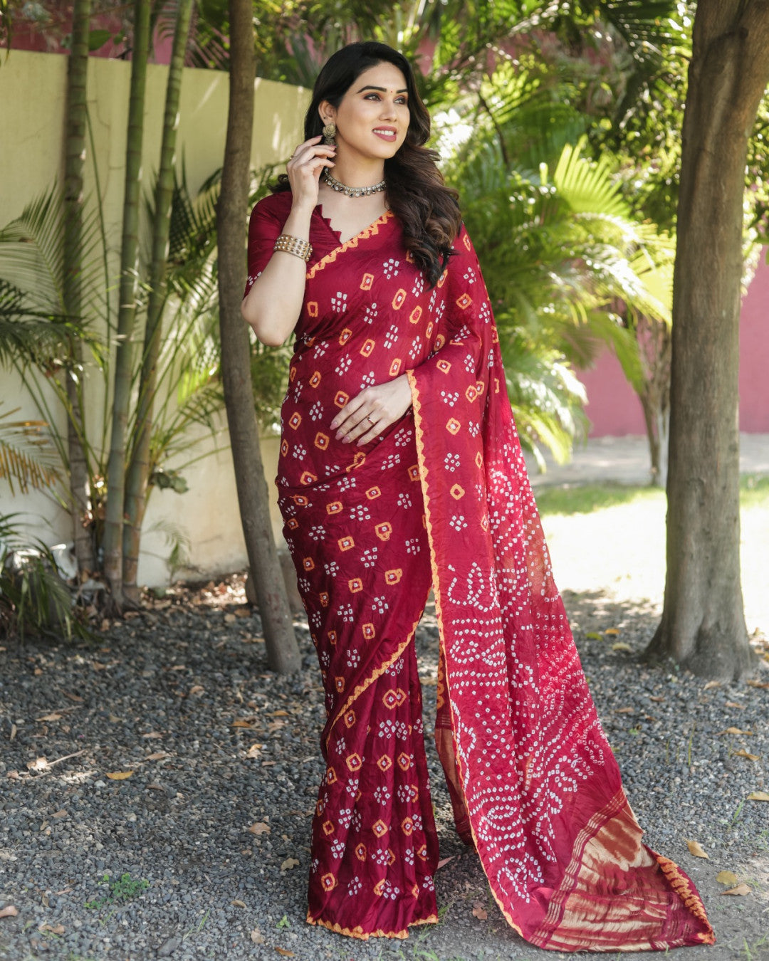 Red Color Bandhej Silk Saree With Printed Work