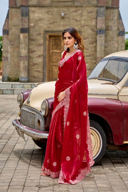 Red Fancy Shimmer Chiffon Saree With Embroidery Work