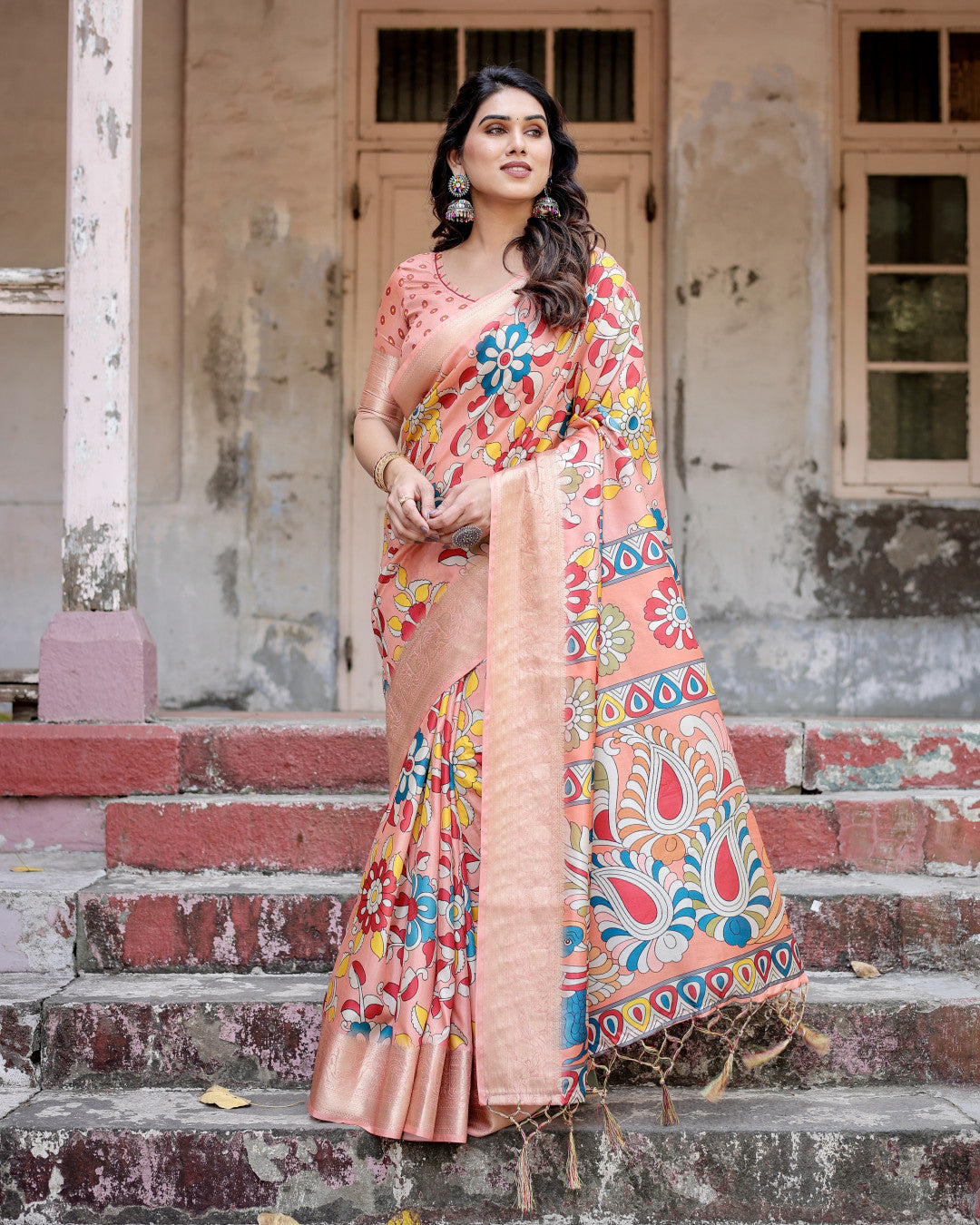 Peach Kalamakari Digital Printed Tussar Silk Saree With Zari Motif Border