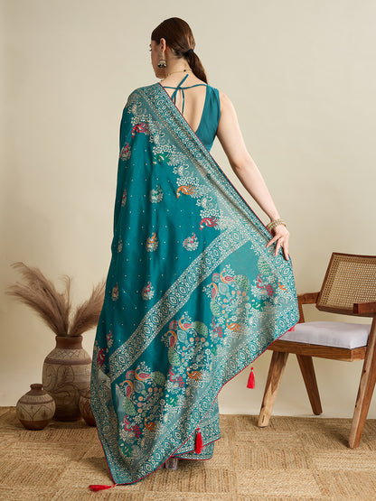 Rama Green Cotton Saree With Table Printed And Foil Work With Pipeing Border