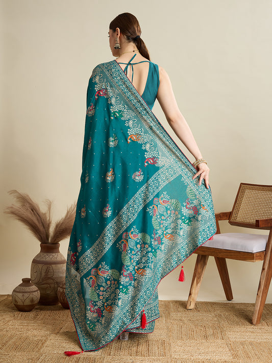 Rama Green Cotton Saree With Table Printed And Foil Work With Pipeing Border