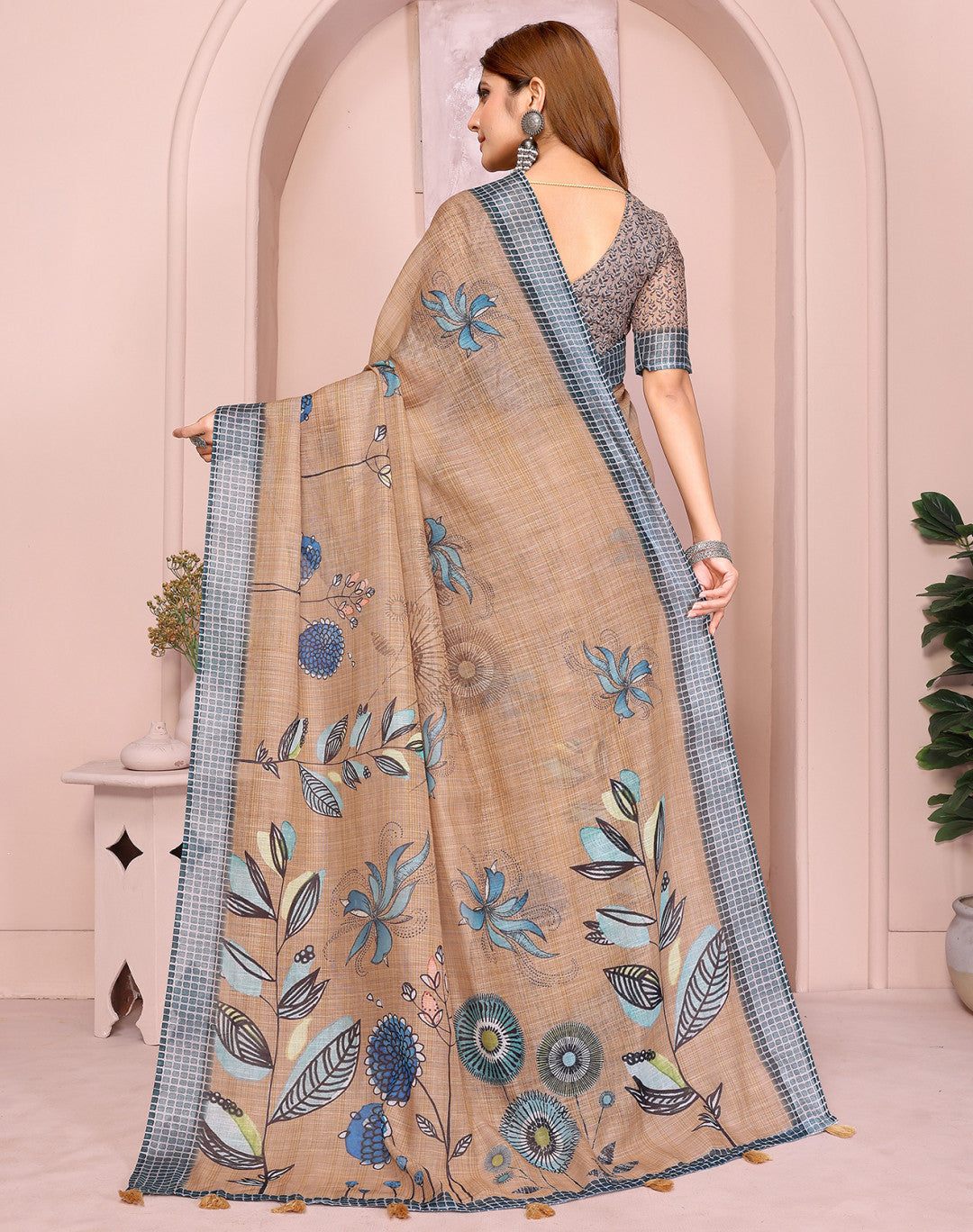 Beige Linen Cotton Saree With Digital Printed Work And Silver Zari Border