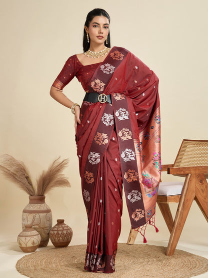 Maroon Kanjivaram Silk Saree With Zari Weaving Butta Border & Designer Rich Paithani Pallu