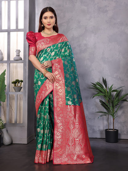 Rama Green Premium Banarasi Silk Saree With Zari Weaving Work