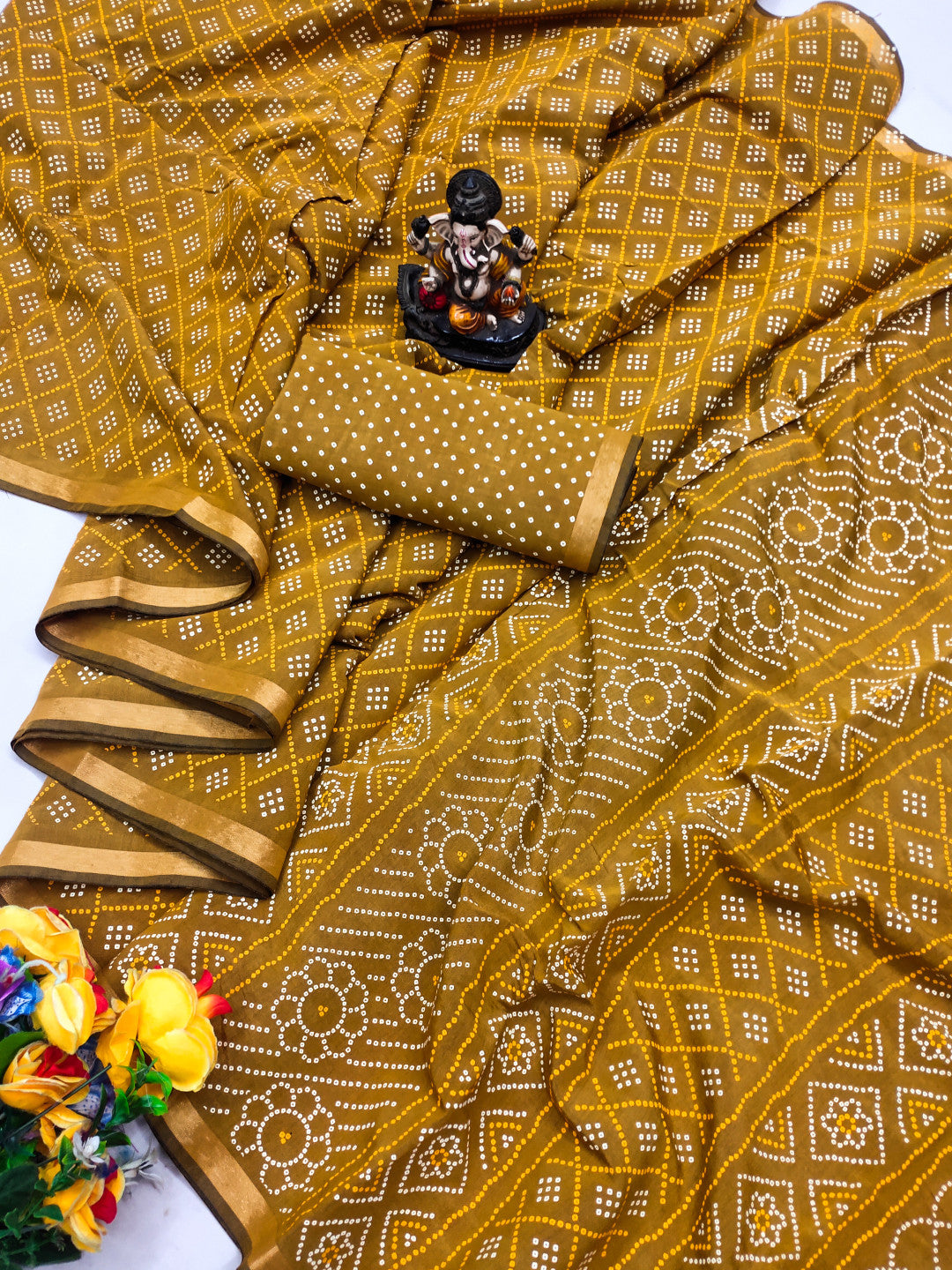 Beige Bandhej Printed Soft Cotton Saree With Zari Border