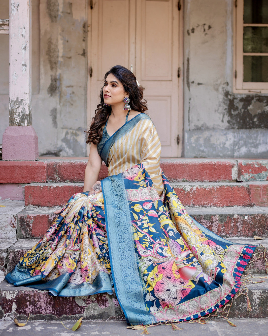 Multi Kalamkari Digital Printed Tussar Silk Saree With Zari Motif Border