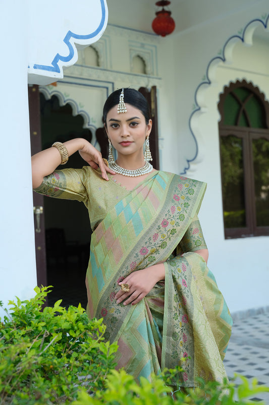 Pista Green Color Soft Organza Silk Saree With Zari Weaving Work