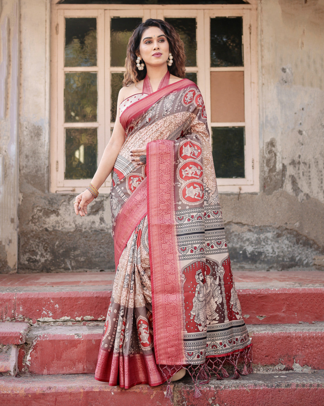 Multi Kalamkari Digital Printed Tussar Silk Saree With Zari Motif Border