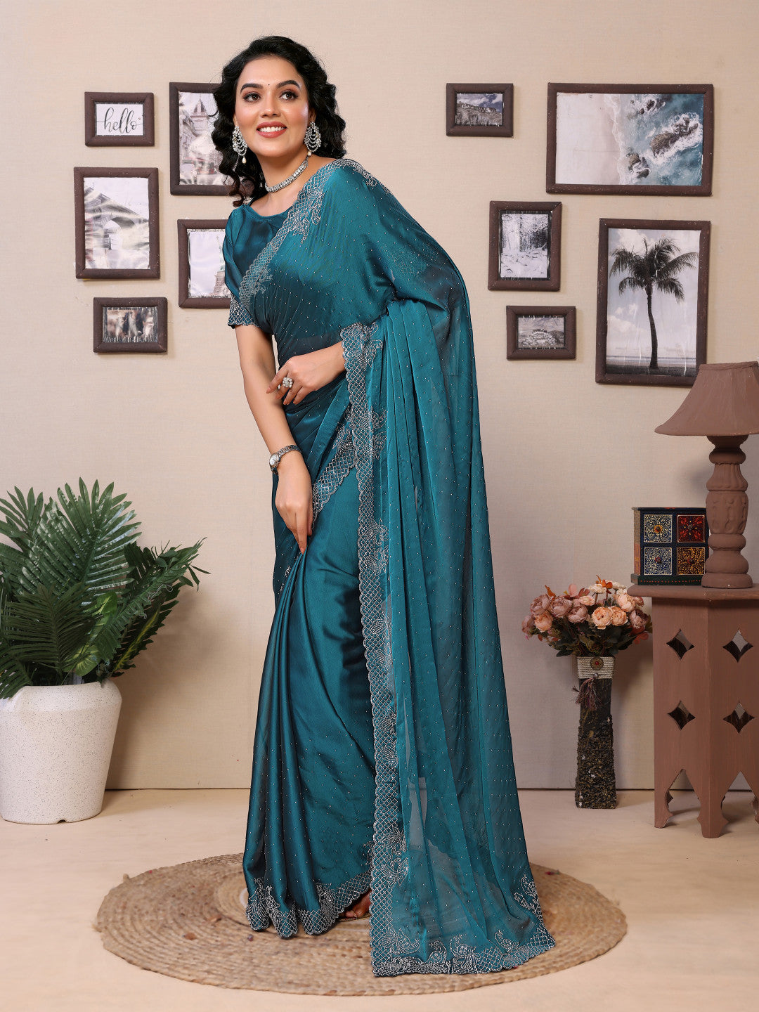 Fancy Firoji Rangoli Silk Saree With Diamond Work