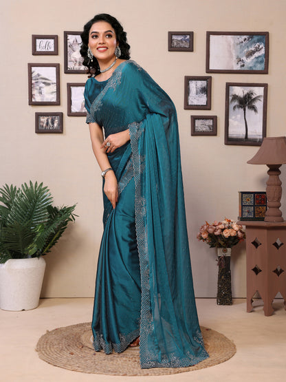 Fancy Firoji Rangoli Silk Saree With Diamond Work