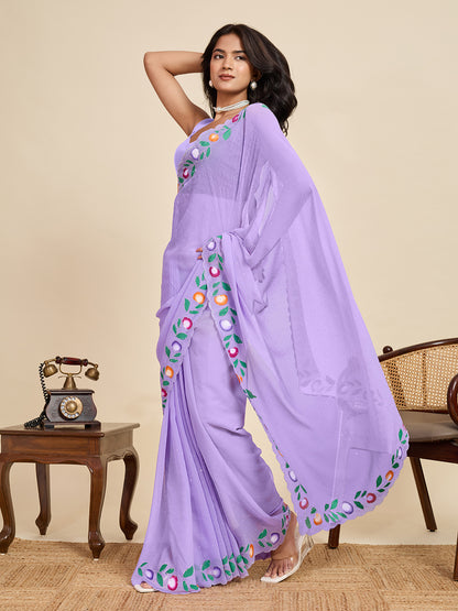 Lavender Color Georgette Saree With Brush Print And Siroski Work