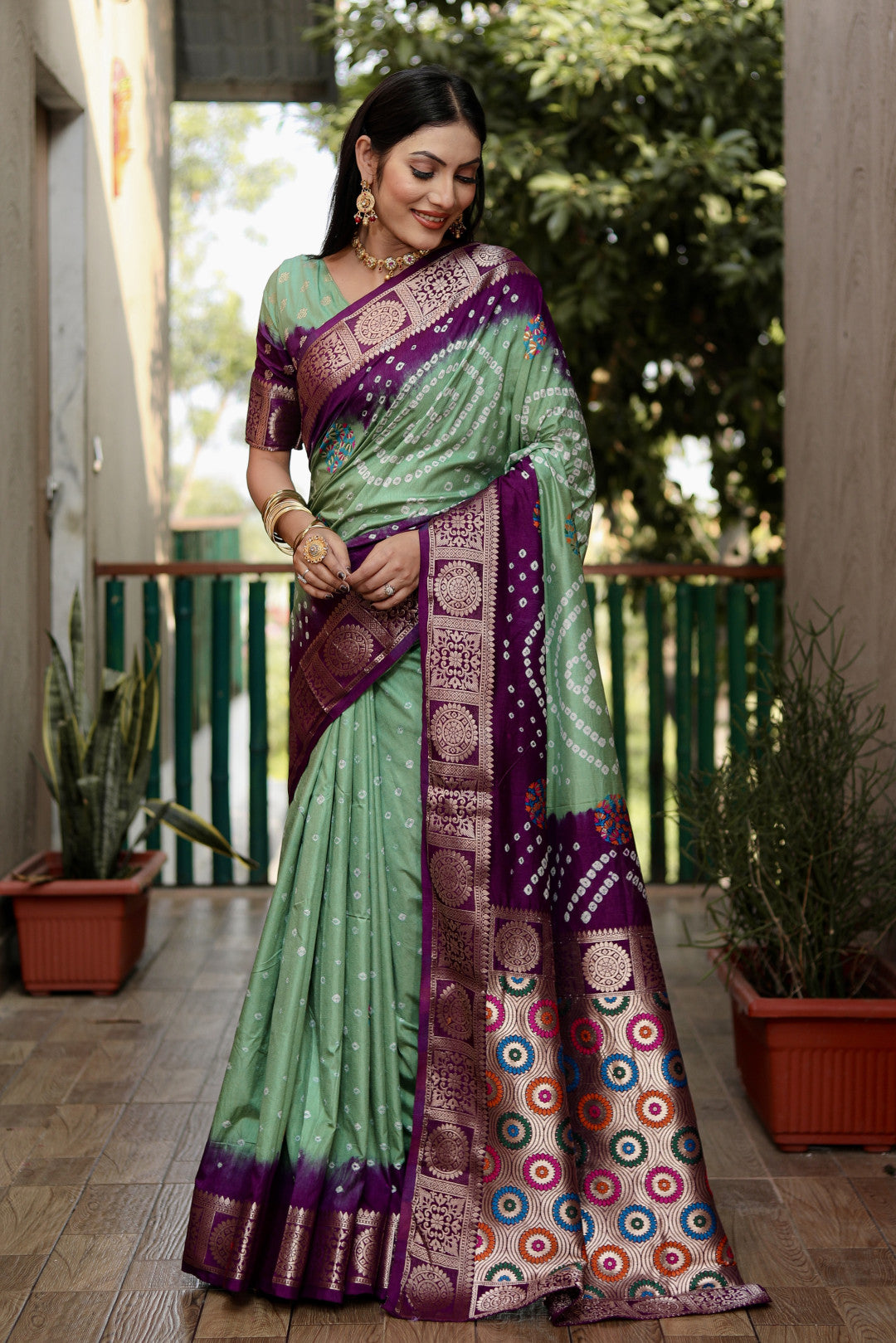 Multi Color Soft Bandhej Silk Saree With Zari Weaving Work