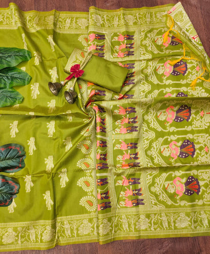 Mahendi Green Traditional Handloom Raw Silk Saree With Woven Design