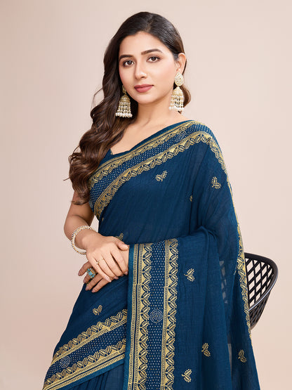 Fancy Blue Soft Vichitra Silk Saree With Embroidery Work