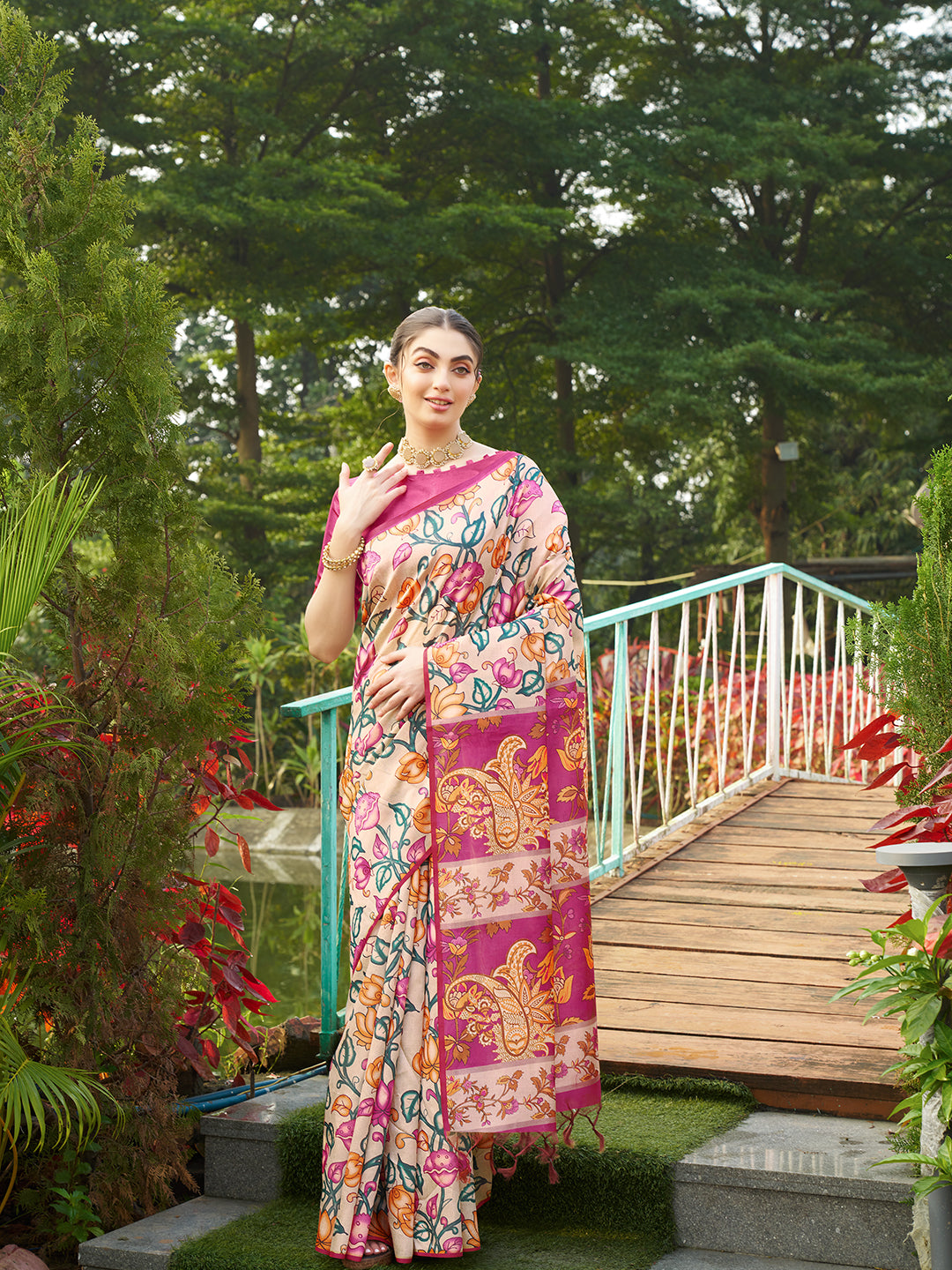 Rani Pink Kalamkari Printed Designer Tussar Silk Saree