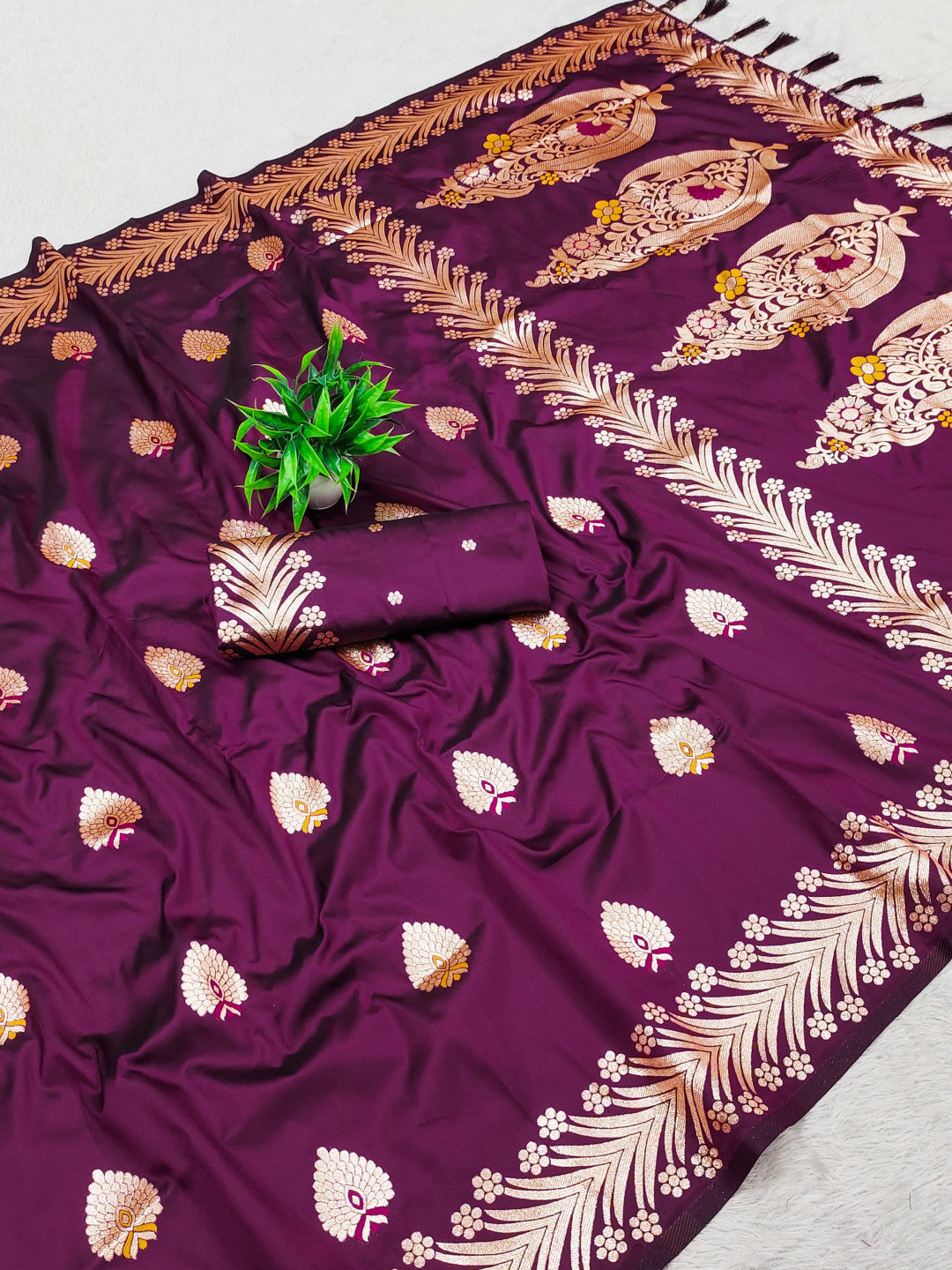 Wine Traditional Banarasi Silk Saree With Zari Weaving Work