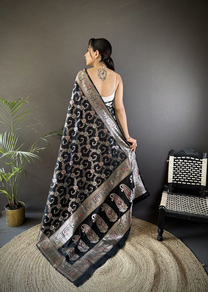 Black Soft Katan Banarasi Silk Saree With Meenakari Zari Weaving Work