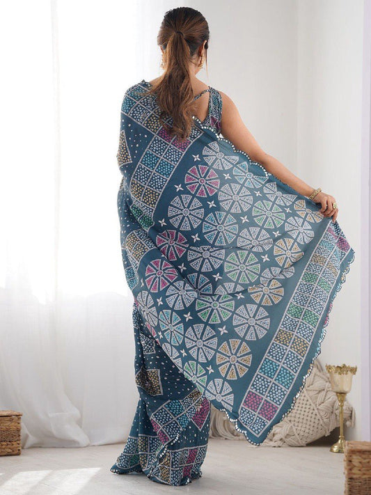 Blue Color Georgette Saree With Printed And Mirror Work With Arco Border