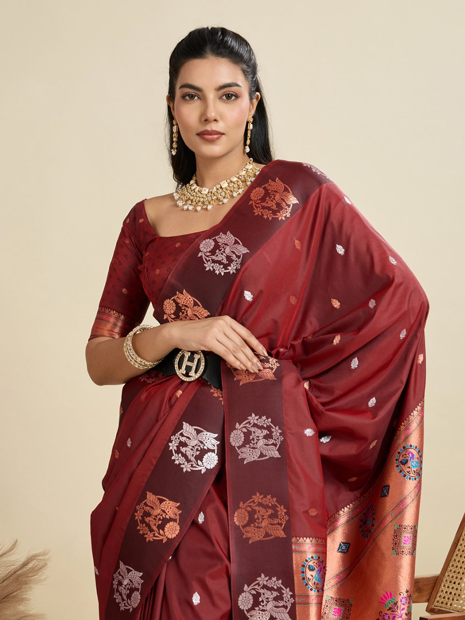 Maroon Kanjivaram Silk Saree With Zari Weaving Butta Border & Designer Rich Paithani Pallu