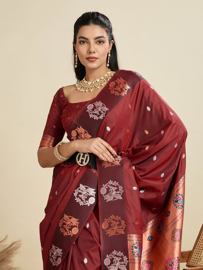 Maroon Kanjivaram Silk Saree With Zari Weaving Butta Border & Designer Rich Paithani Pallu
