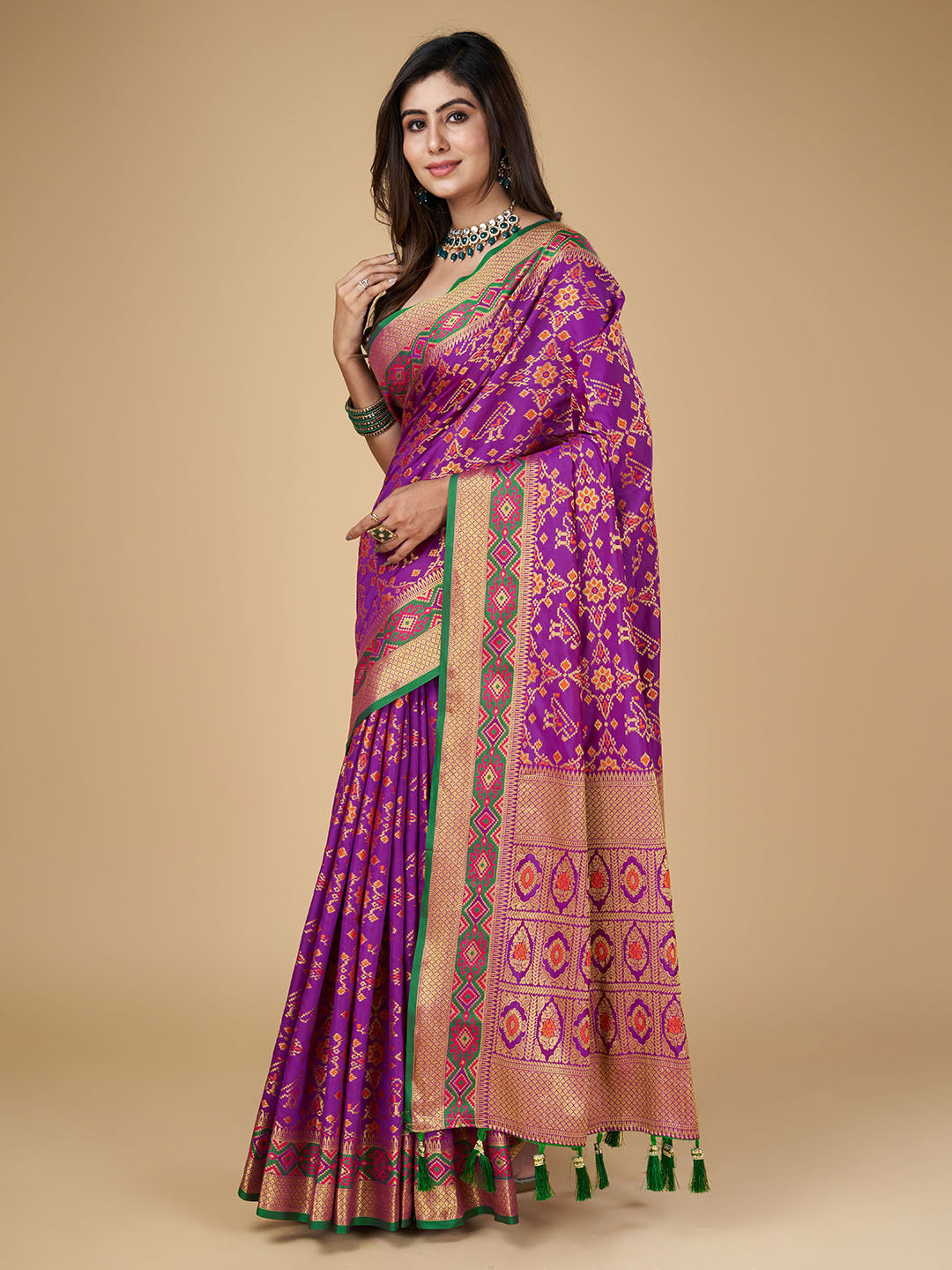 Purple Color Patola Silk Saree With Zari Weaving Work