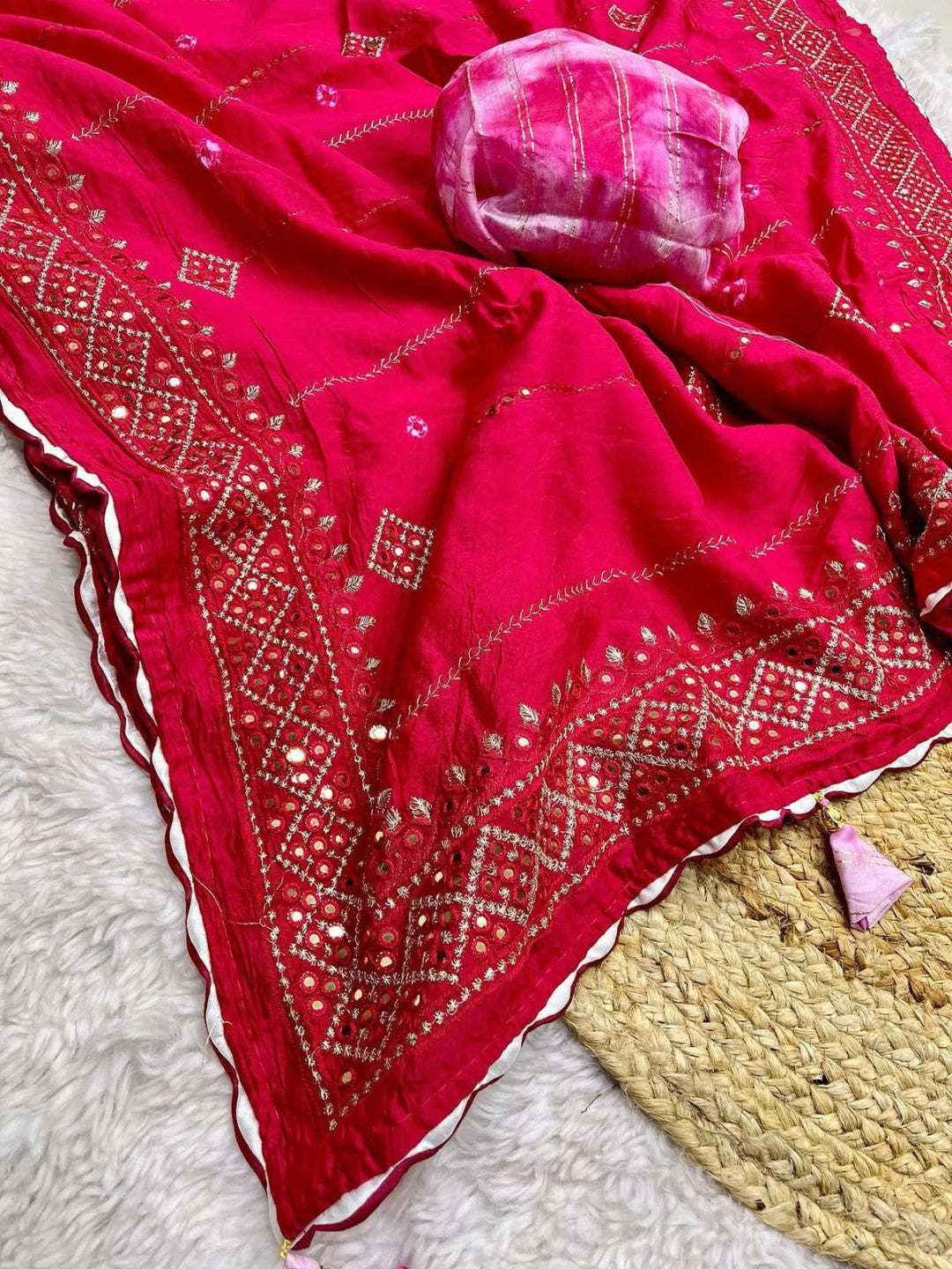 Pink Soft Cotton Saree With Mirron & Thread Work