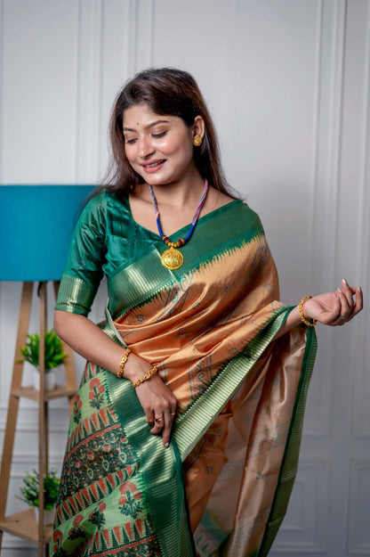 Golden Yellow Color Tussar Silk Saree With Digital Printed Work