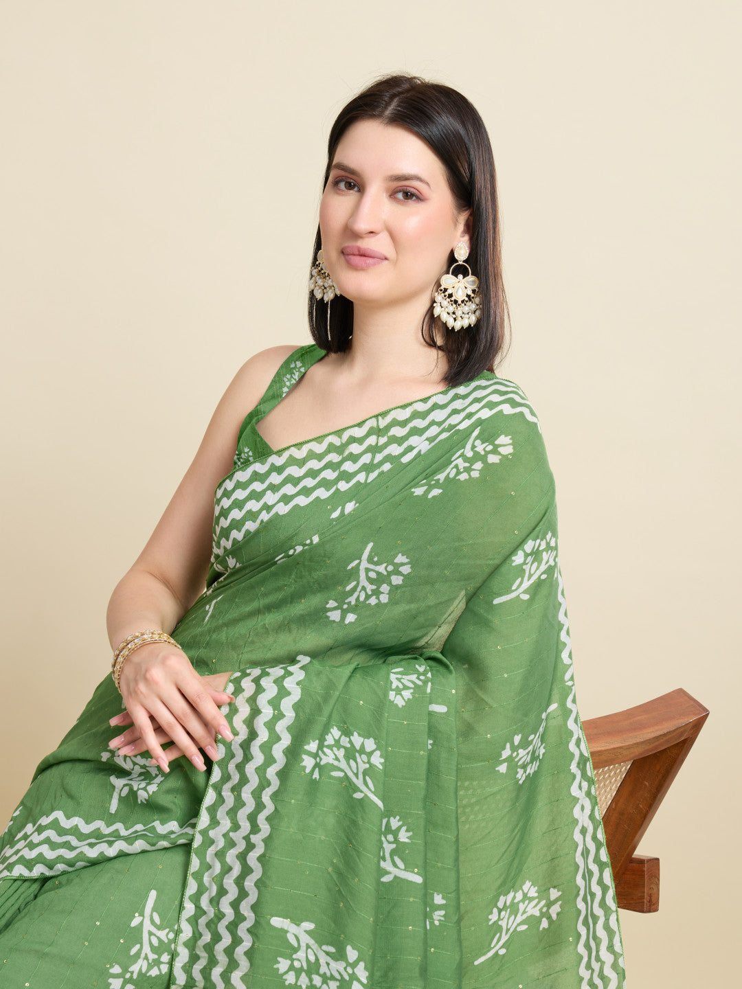 Pista Green Batik Printed Soft Cotton Saree With Sequence Work
