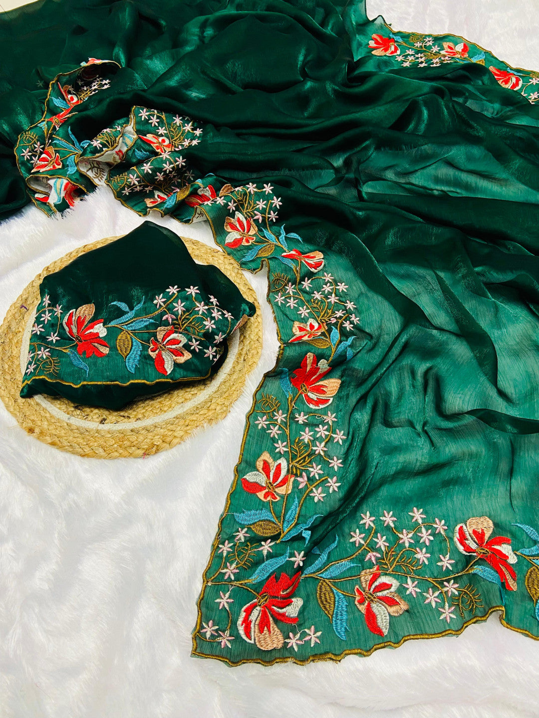 Dark Green Fancy Fandy Silk Saree With Embroidery Work