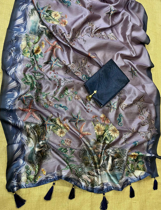 Lavender Kalamkari Printed Premium Tussar Silk Saree