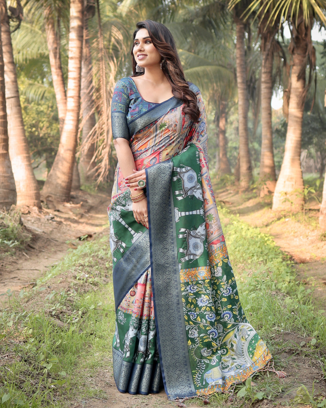 Multi Fancy Kalamkari Digital Printed Tussar Silk Saree
