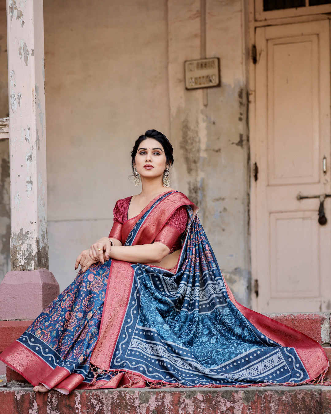 Navy Blue Digital Kalamkari Printed Tussar Silk Saree With Zari Motif Border