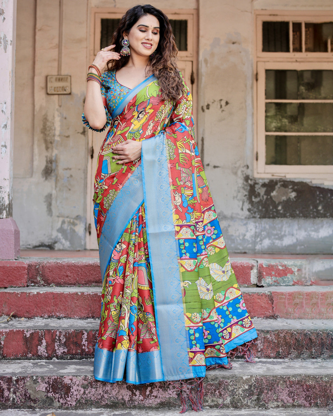 Multi Fancy Kalamkari Digital Printed Tussar Silk Saree