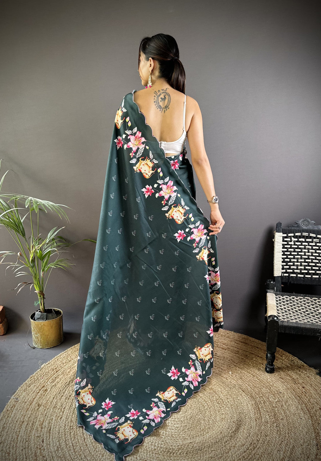 Green Gadhwal Silk Saree With Pichwai Print And Embroidery Cut Work