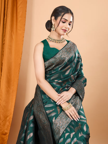 Green Traditional Banarasi Silk Saree With Zari Weaving Work