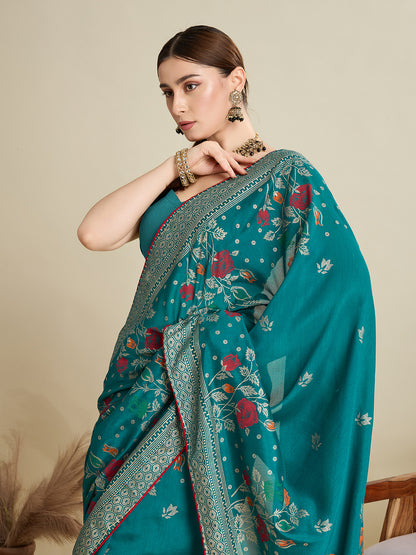 Rama Green Cotton Saree With Table Printed And Foil Work With Pipeing Border
