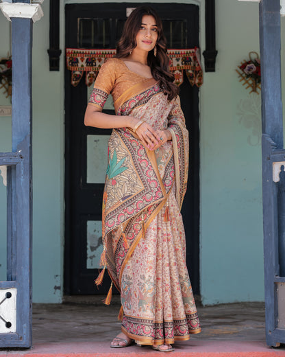 Kalamkari Digital Printed Linen Cotton Saree
